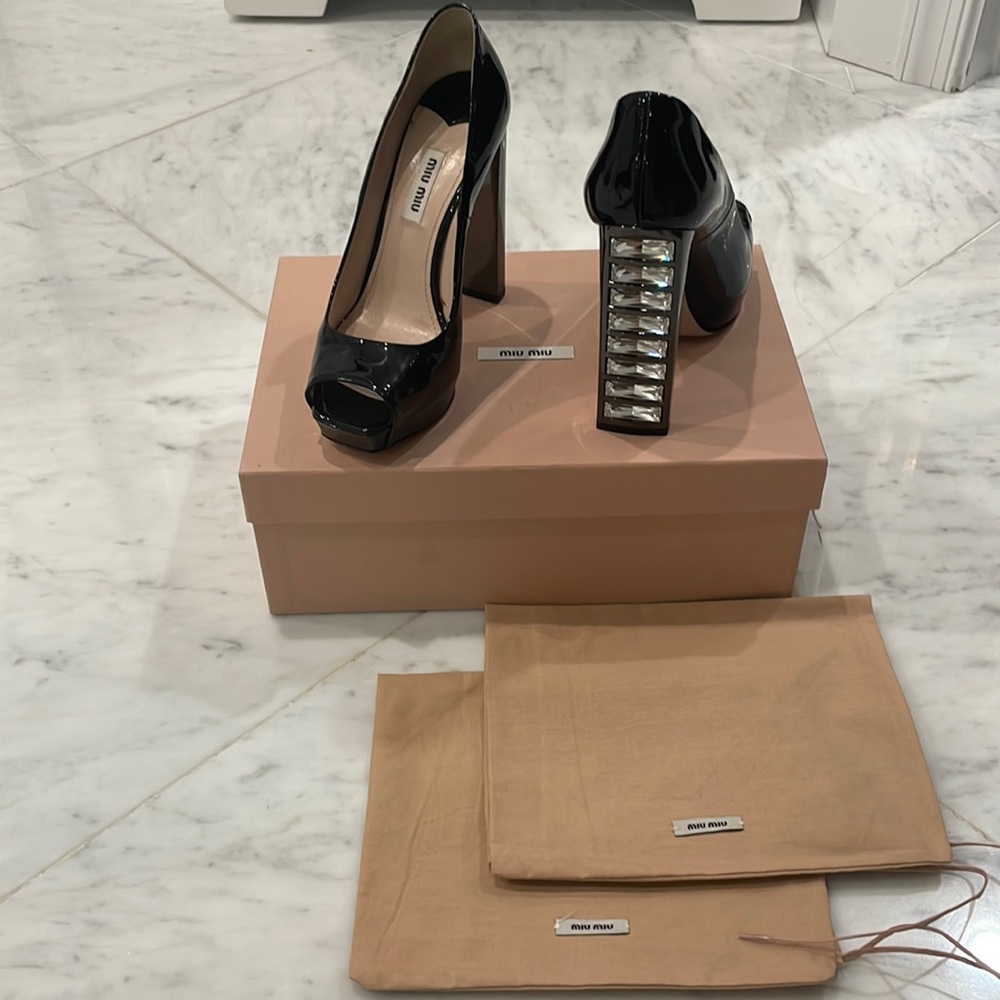 Miu Miu patent leather Swarovski crystal heels